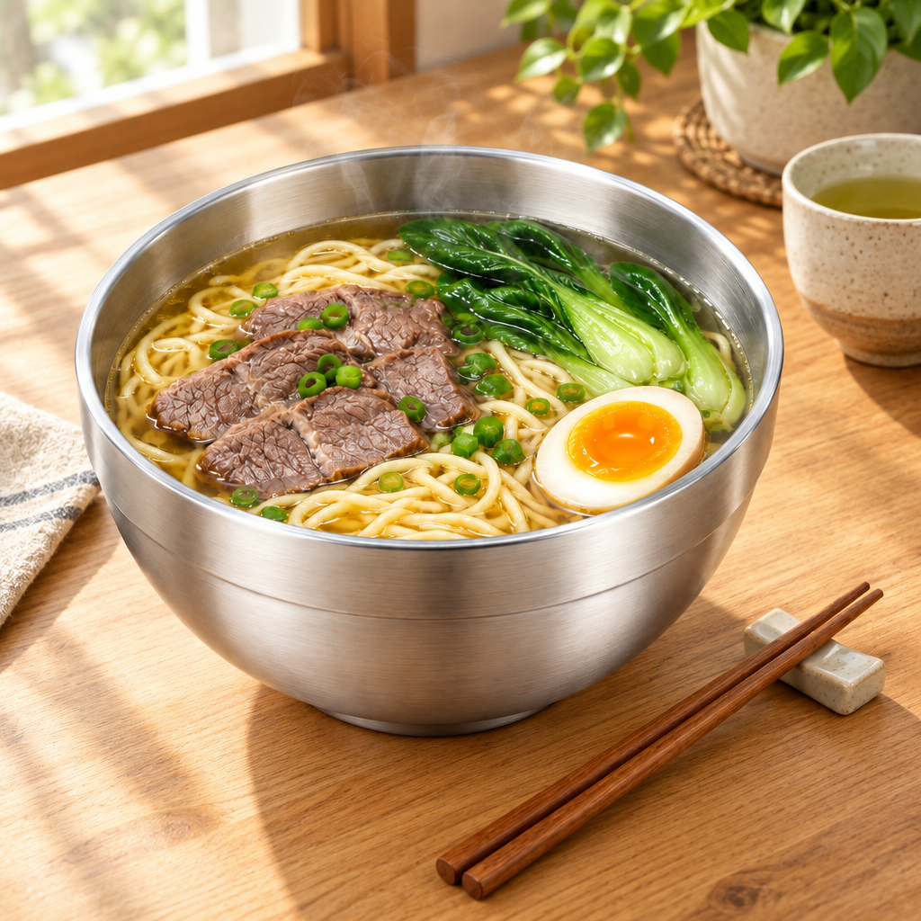 Deep stainless steel noodle bowl with steaming noodle soup served on a wooden dining table with chopsticks and tea