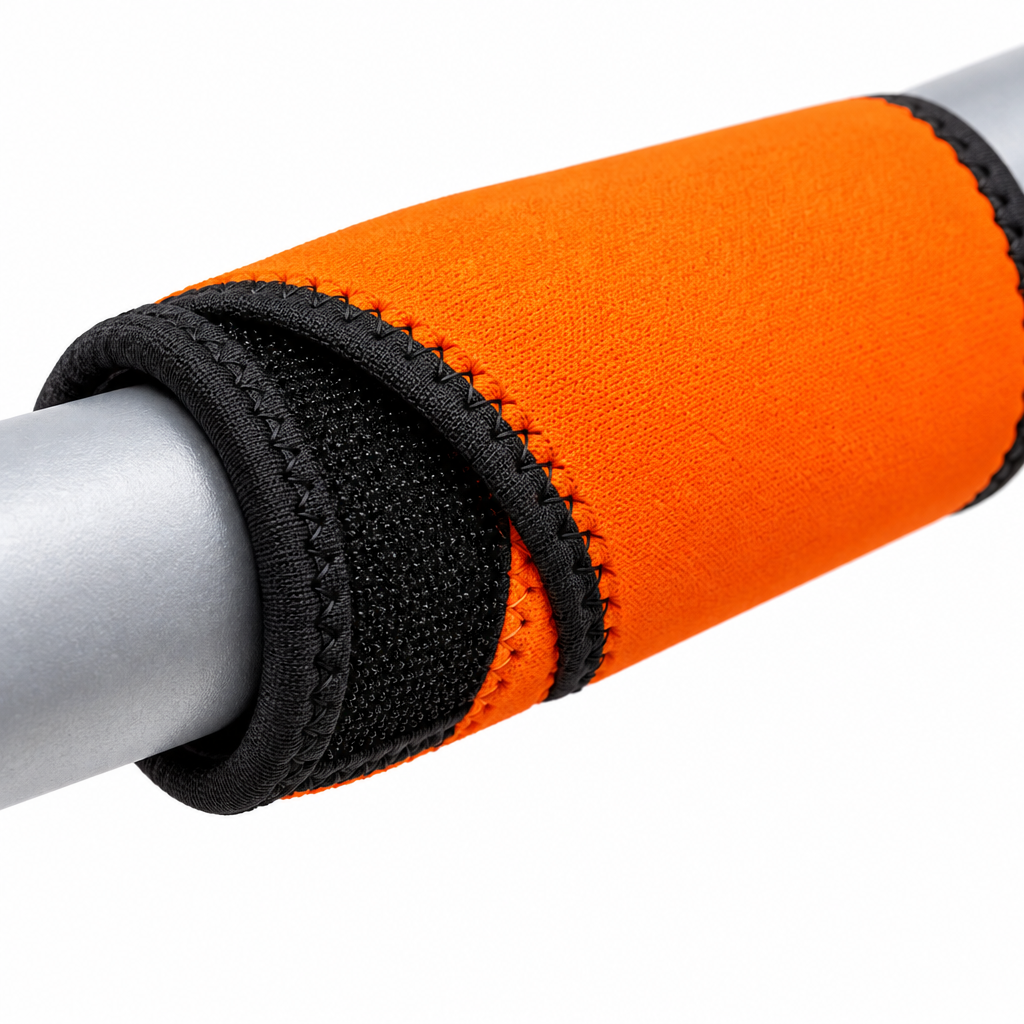 Close-up of the neoprene luggage handle wrap hook-and-loop fastener seam and snug handle fit