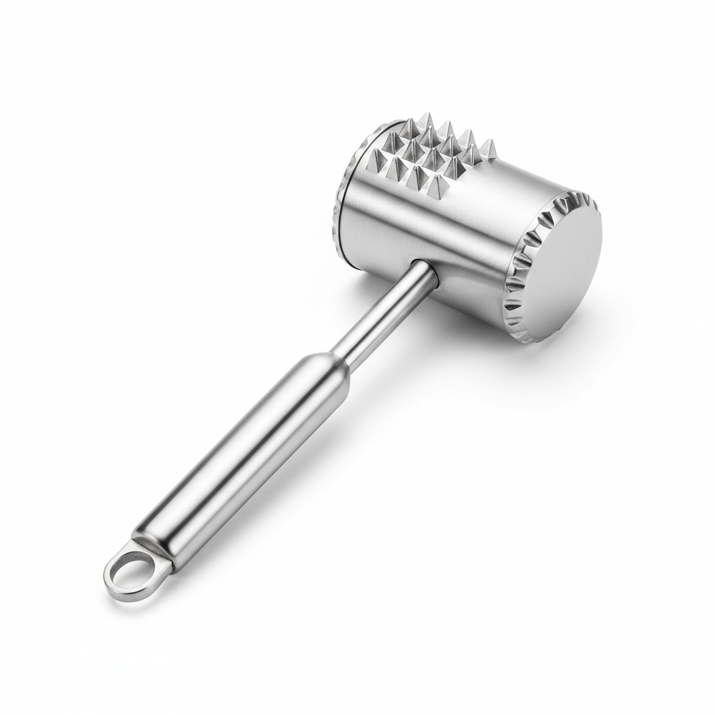 Heavy-duty stainless steel meat tenderizer mallet with dual-sided head on pure white background