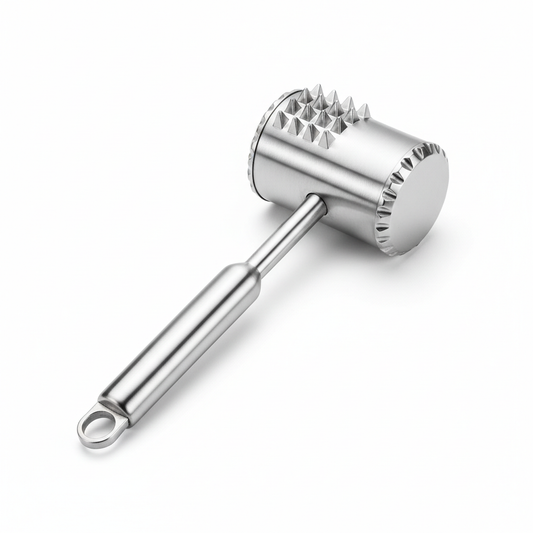 Heavy-duty stainless steel meat tenderizer mallet with dual-sided head on pure white background