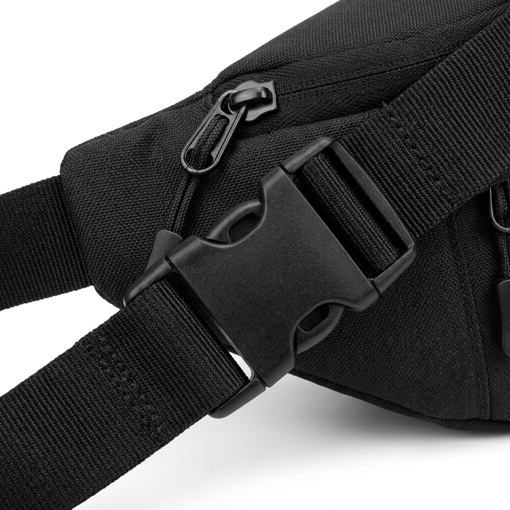 Detail close-up of outdoor sports waist pack zipper pull, ripstop fabric, and buckle on white background