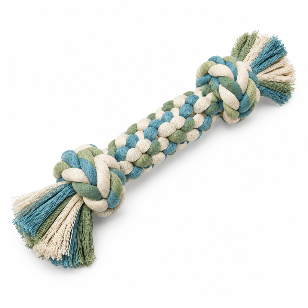 Braided multi-color cotton dog rope tug toy with two end knots and frayed tassels on pure white background