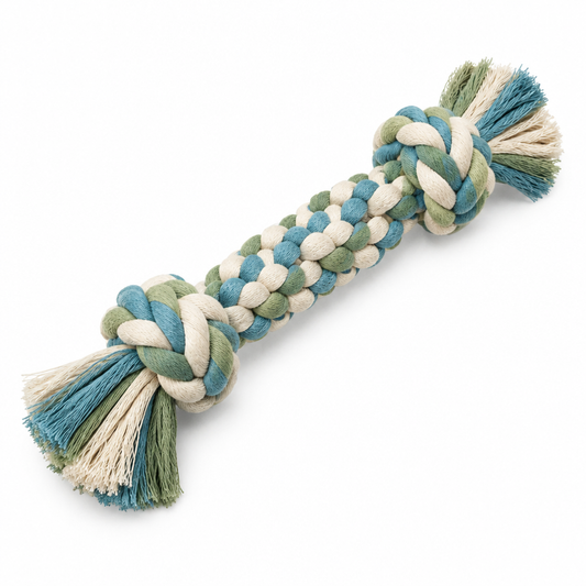 Braided multi-color cotton dog rope tug toy with two end knots and frayed tassels on pure white background