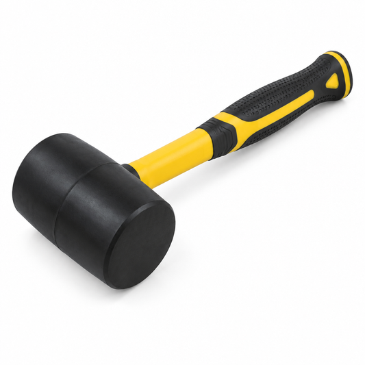 16-oz heavy-duty black rubber mallet with dual flat non-marring striking faces and yellow-black non-slip fiberglass handle on a seamless pure white background
