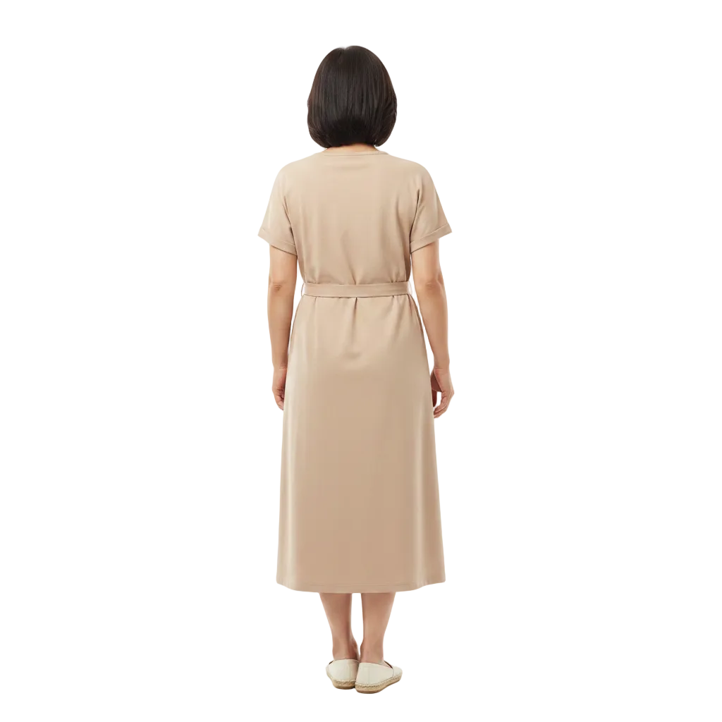 Back view of cotton blend round neck shirt dress on white background
