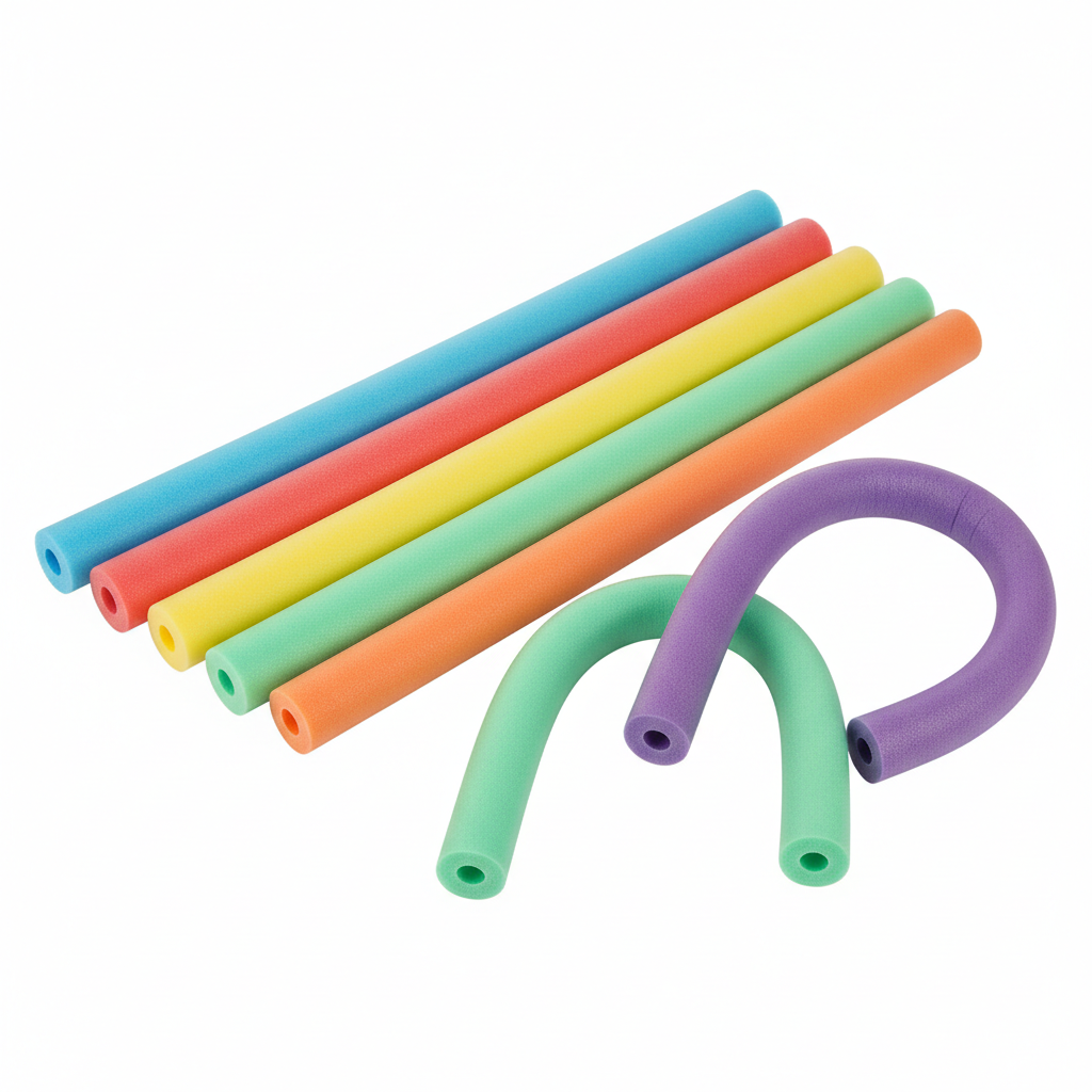 Six hollow-core foam pool noodles in aqua blue, coral red, yellow, mint green, orange and purple shown straight and curved on a pure white background.