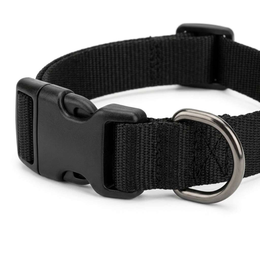 Macro close-up detail of contoured quick-release buckle, metal D-ring attachment, and box-X bar-tack stitching on nylon dog collar