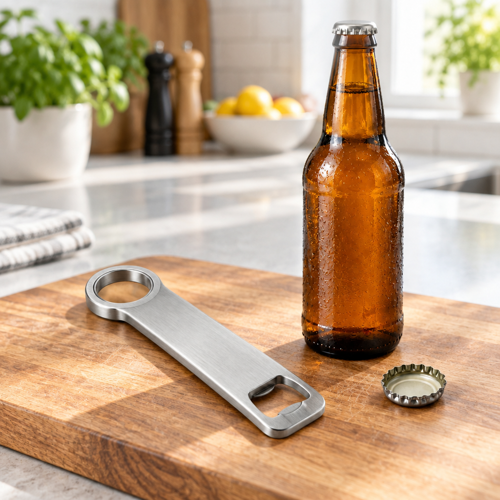 Stainless steel bottle opener on wooden cutting board beside glass beverage bottle on kitchen countertop