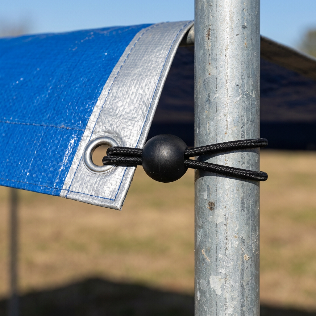 Black ball bungee cord securing a blue tarpaulin grommet eyelet to a round metal canopy pole frame