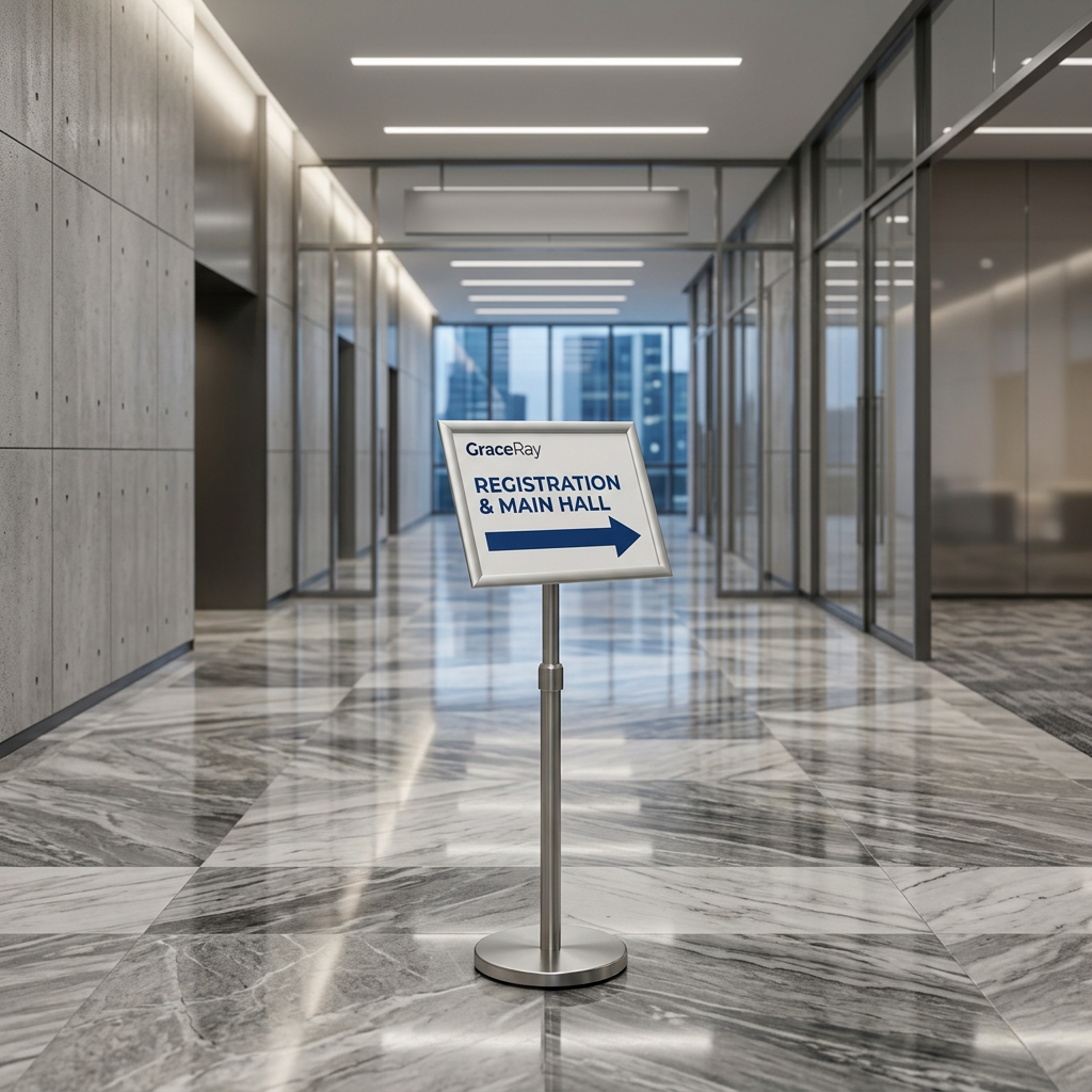 Custom printed event directional sign standing in an exhibition hall corridor guiding visitors