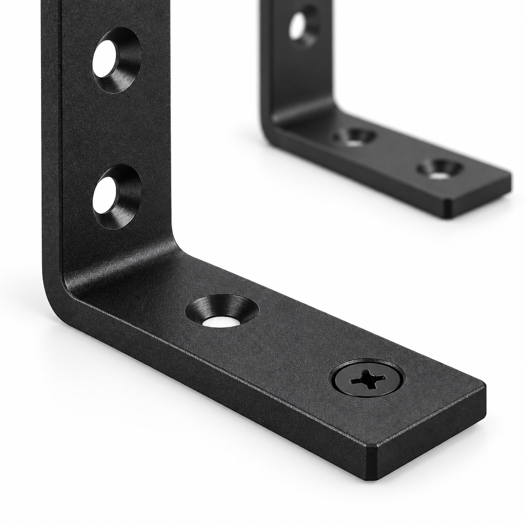 Close-up macro view of the powder-coated 90-degree bend elbow, solid steel thickness, and countersunk screw holes of a metal shelf bracket on a pure white background