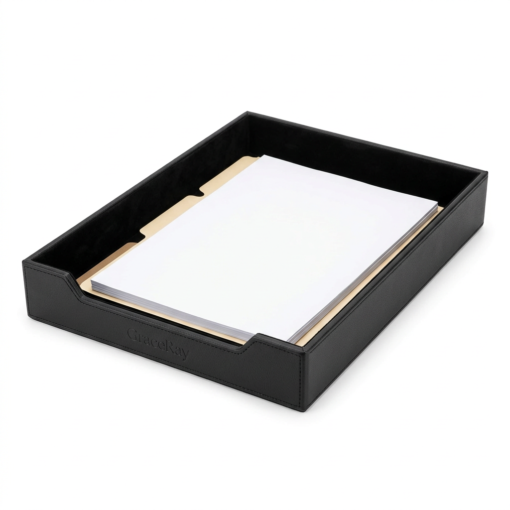 Executive document tray holding business papers on an office desk.