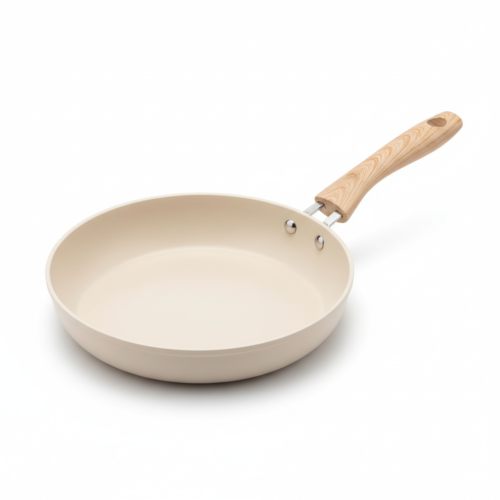 Ceramic-coated non-stick frying pan with cream interior and wood-grain handle on pure white background