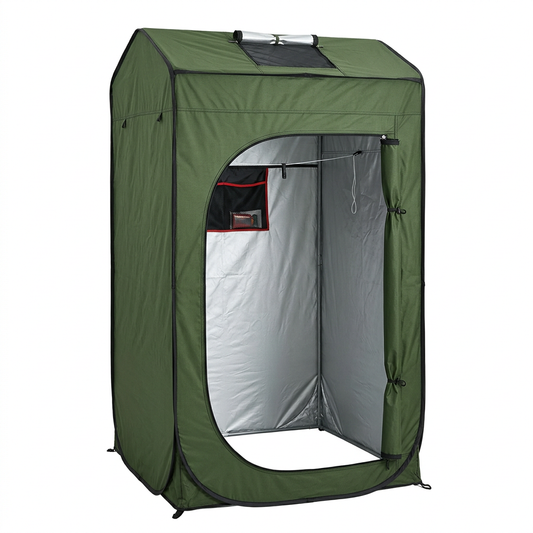 Portable pop-up camping privacy tent in olive green UV-coated polyester with rolled-up zippered entrance door and mesh roof window on pure white background