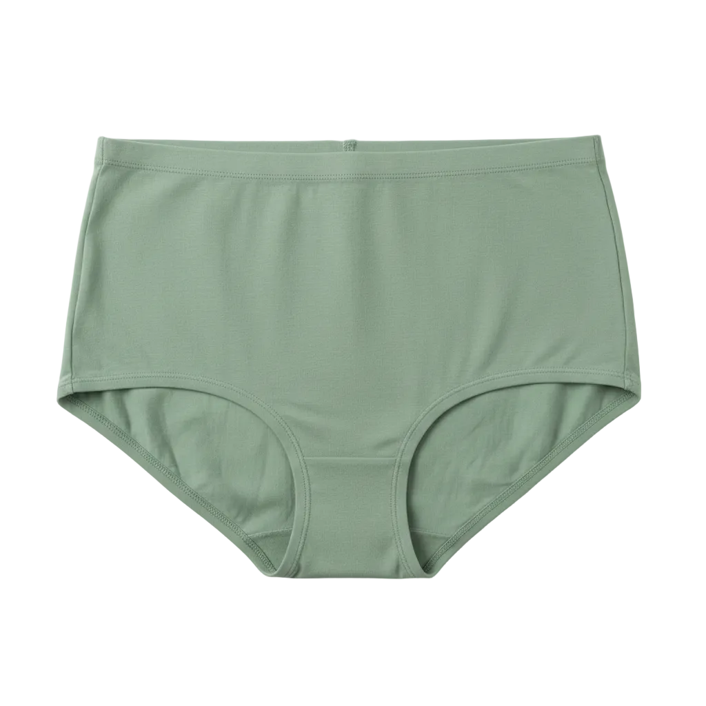 Front view of high waist briefs with soft elastic leg openings on white background