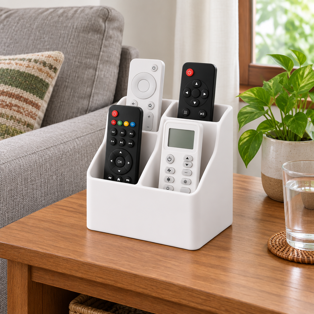 Remote control organizer on a living room side table holding several remote controls