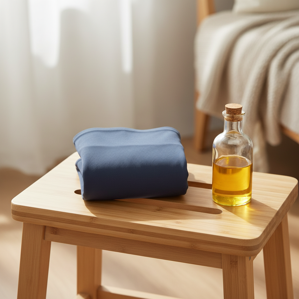 Lifestyle view of light shaping briefs folded on a bamboo stool with a bottle of body oil