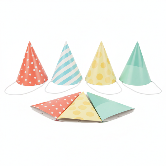 Four assembled cone paper party hats with elastic cords and three matching foldable hat pieces on a pure white background.