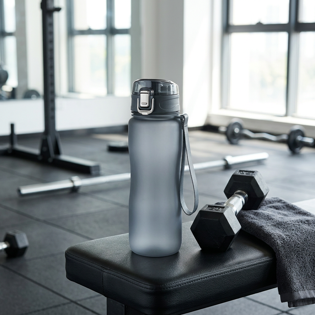 Sports water bottle placed on a gym workout bench next to dumbbells