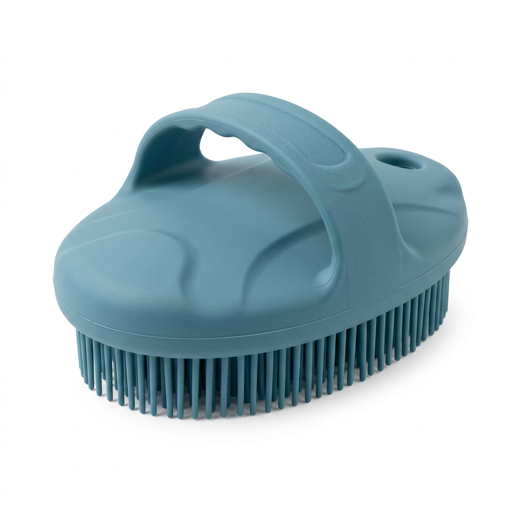 Silicone pet bath brush showing soft flexible bristles and ergonomic top hand grip strap on pure white background