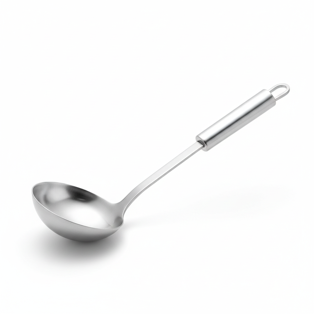 Stainless steel kitchen soup ladle with deep bowl and hanging loop on pure white background