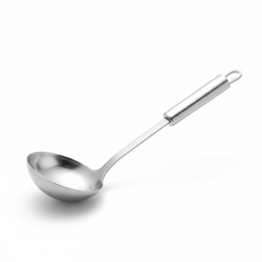 Stainless steel kitchen soup ladle with deep bowl and hanging loop on pure white background