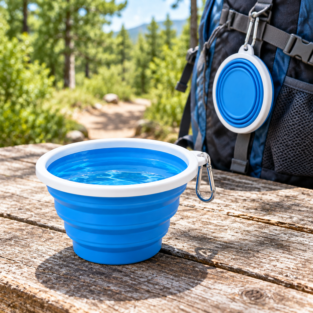 Collapsible pet travel bowl filled with water on wooden picnic table outdoors with collapsed bowl clipped to backpack