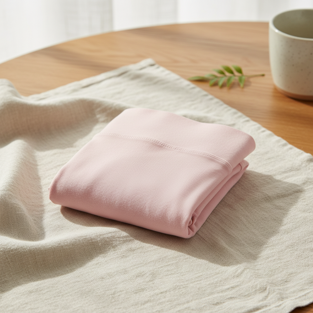 Lifestyle view of high waist full coverage cotton briefs folded on a clean wooden table