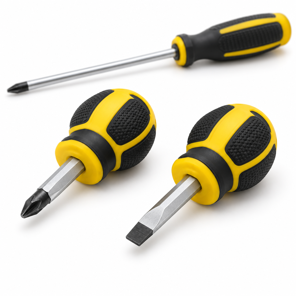 2-piece compact stubby screwdriver set with short CR-V shafts and bulbous dual-color handles shown beside a standard screwdriver for scale on a seamless pure white background