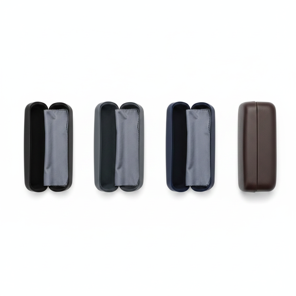 Assorted exterior color options of eyeglass cases with integrated cloths on white background