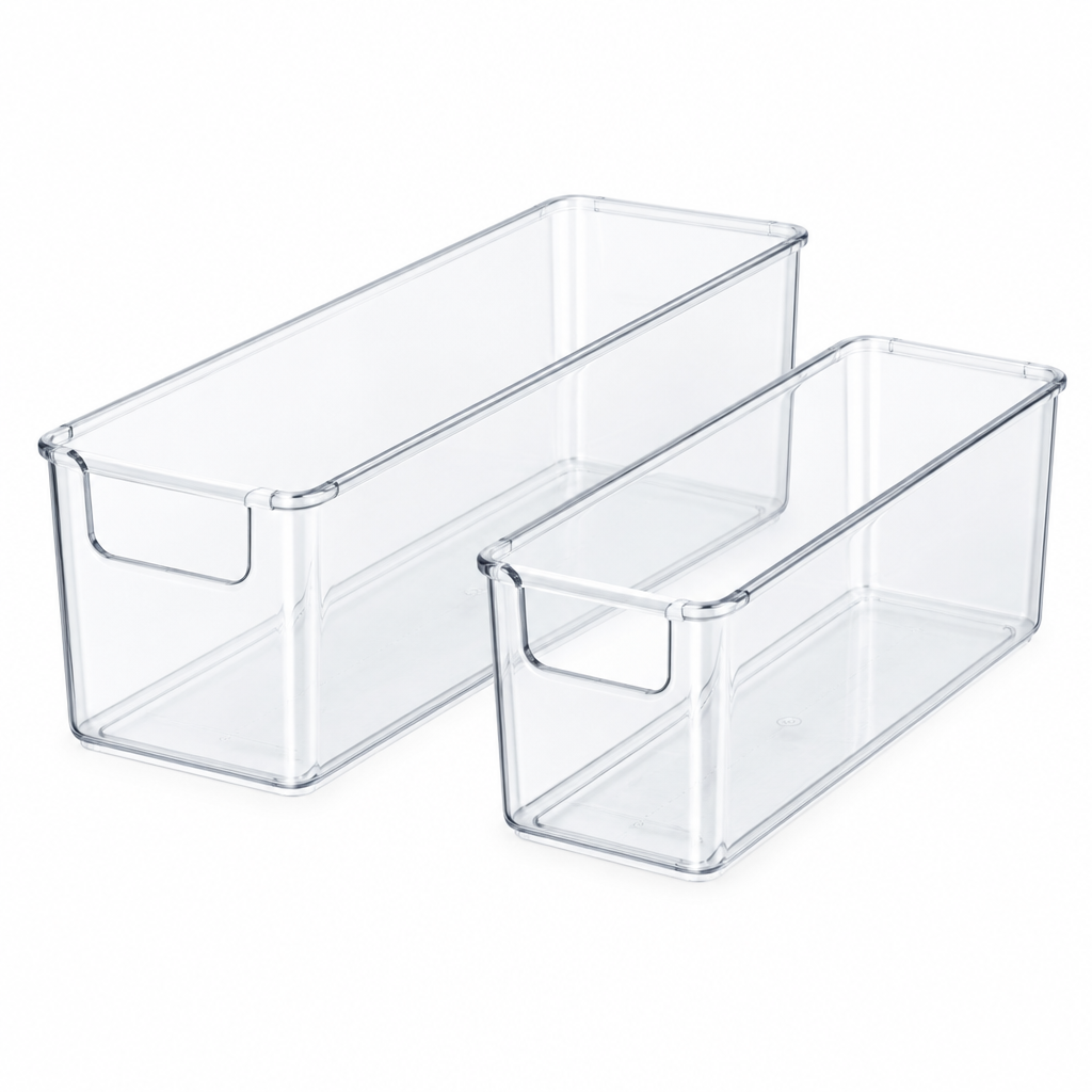 Refrigerator storage organizer, two clear plastic fridge bins with front pull handles on white background