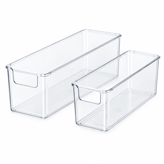 Refrigerator storage organizer, two clear plastic fridge bins with front pull handles on white background
