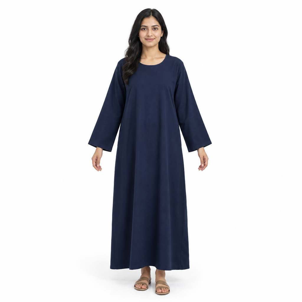 Front view of model wearing a plain navy long-sleeve loose full-length kaftan dress on a white background