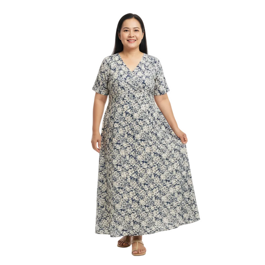 Front view of floral V-neck relaxed maxi dress on white background