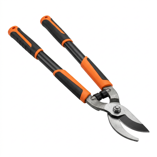 Standard manual garden loppers showing long fixed tubular handles, bypass cutting head, and rubber grips on pure white background