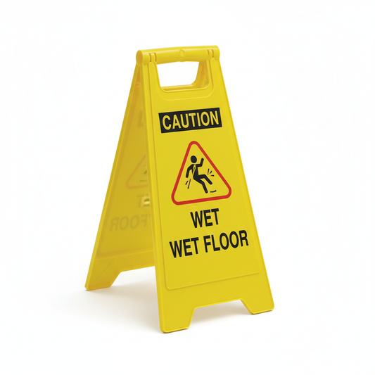Bright yellow folding hotel wet floor warning sign with black hazard pictogram and caution message on white background