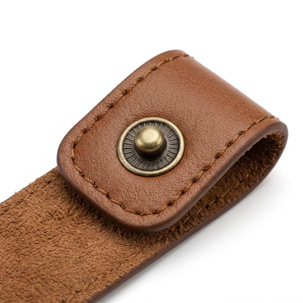 Detail close-up of leather cable organizer strap showing antique brass snap button, edge stitching, and grain texture on white background