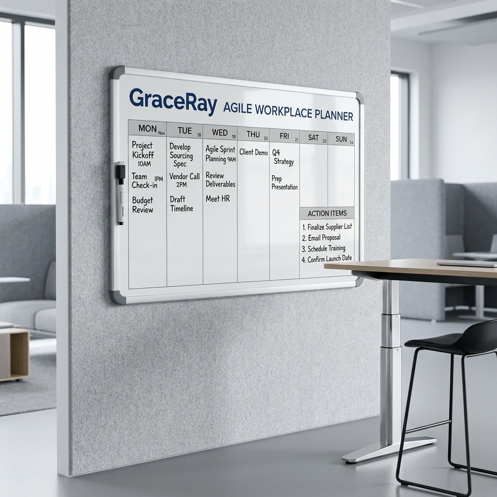 Reusable weekly whiteboard planner mounted on an acoustic felt wall in a collaborative team office