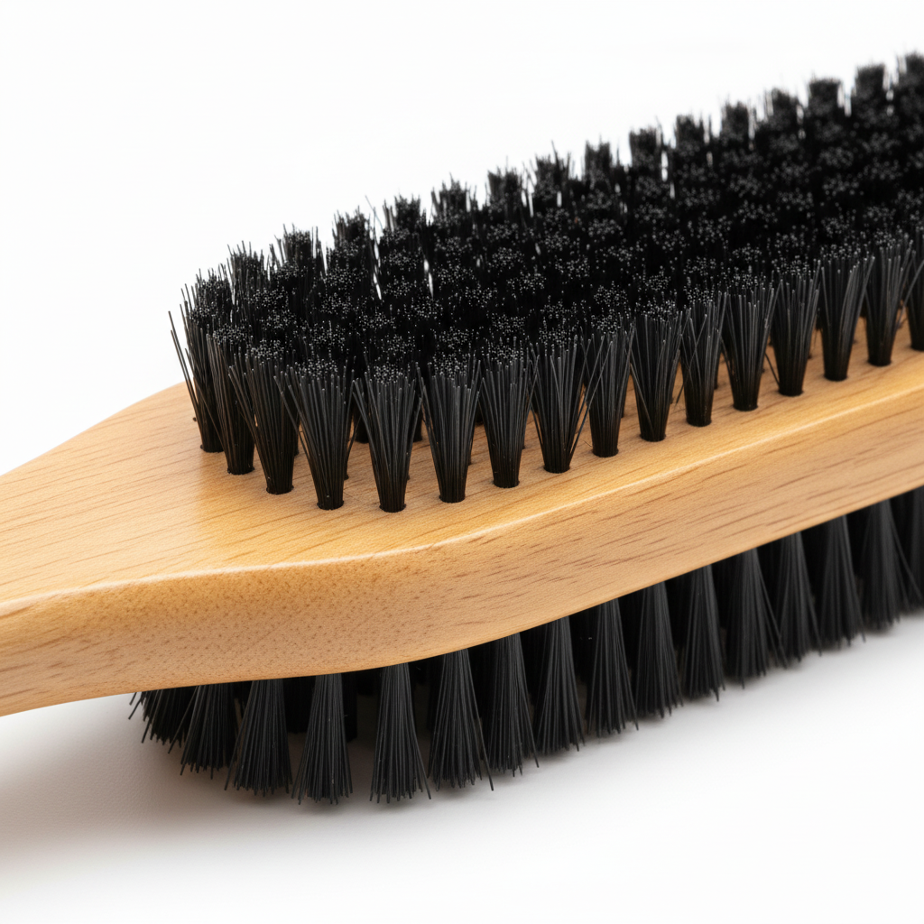 Macro detail of dense black garment bristles and smooth beveled wooden handle edge
