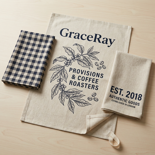 Custom printed tea towels with original kitchen illustrations and branded textile designs.