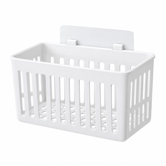 Wall-mounted storage basket, white plastic punch-free basket with adhesive back plate on white background