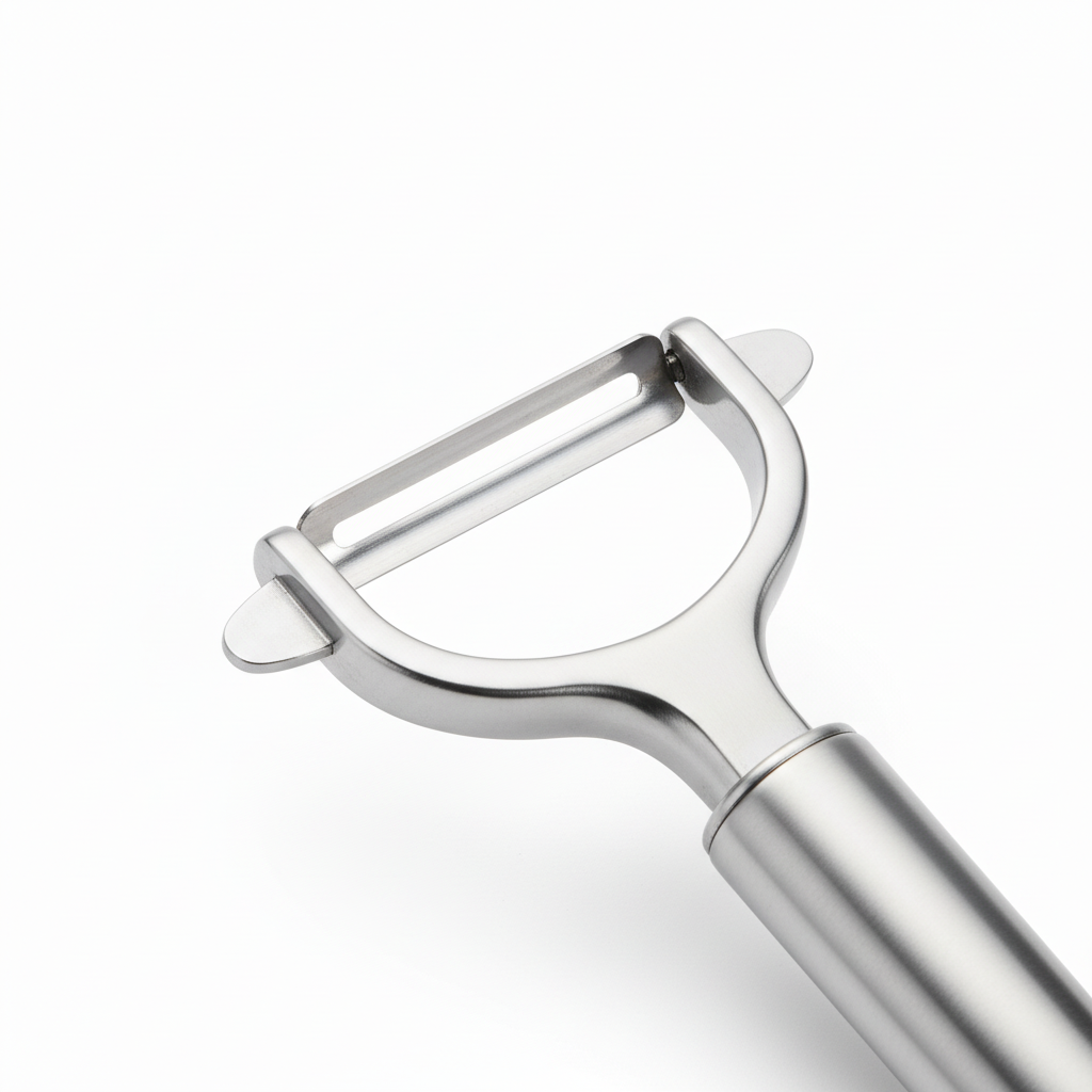 Macro detail of Y-shaped peeler frame, swivel double-edged blade, and potato eye remover tip
