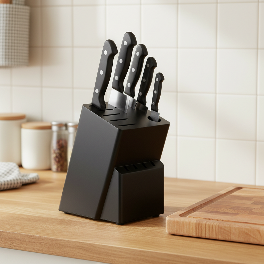 Kitchen knife storage block on countertop holding kitchen knives securely
