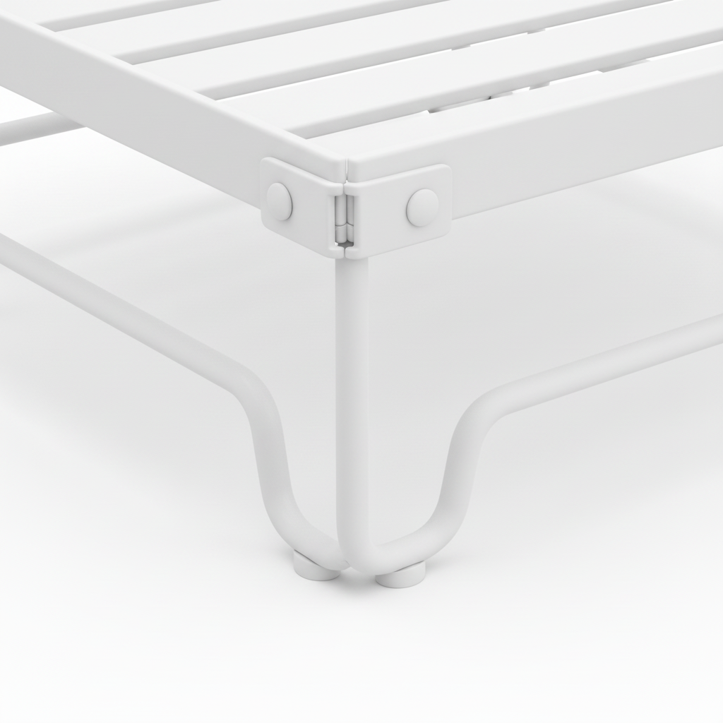 Close-up of corner hinge joint and stackable leg base on kitchen shelf rack