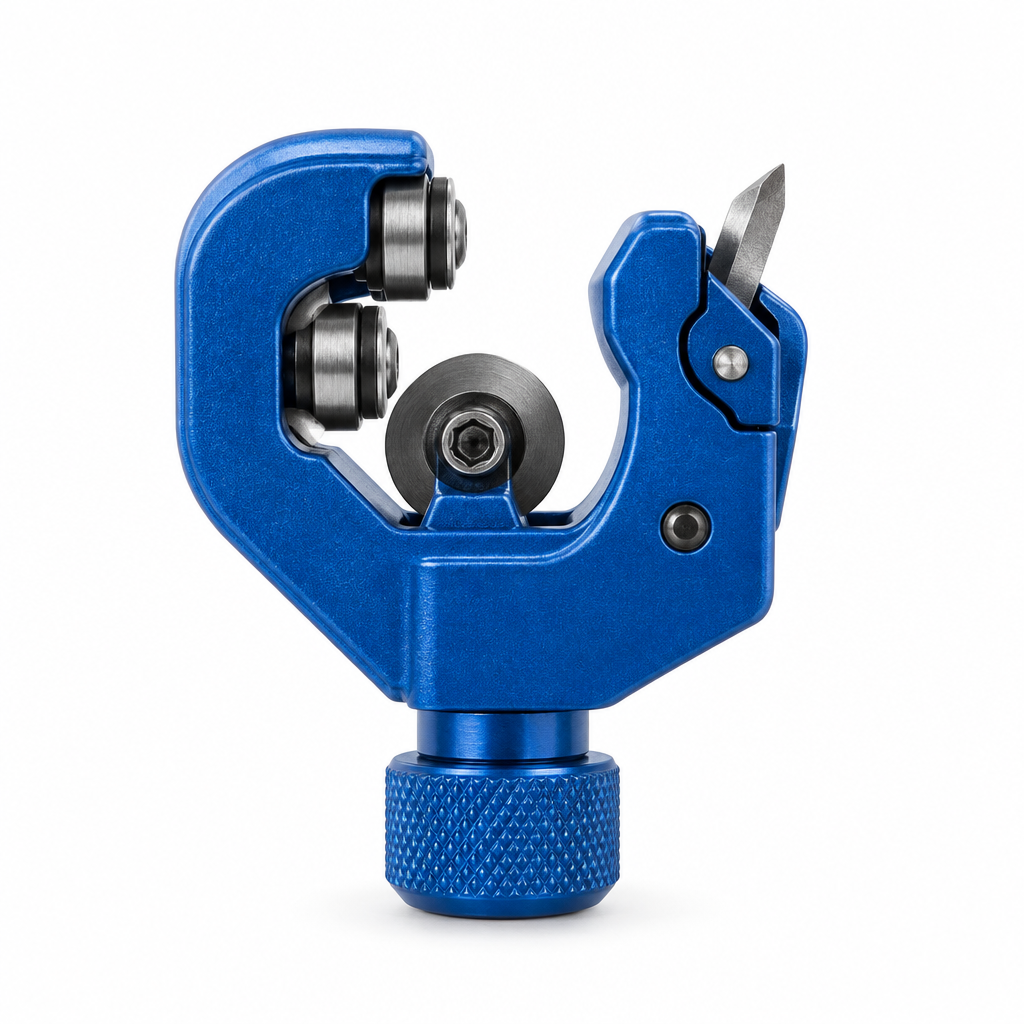 Compact rotary tubing cutter with alloy steel cutting wheel and blue cast body on a pure white background with comfortable margins