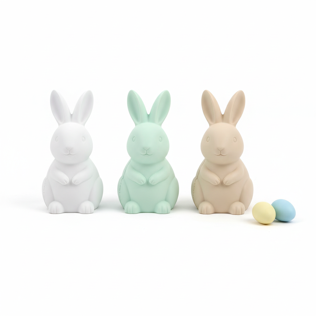 Three compact seated Easter bunny ornaments in matte white, pale mint and soft beige with small pastel eggs on a pure white background.