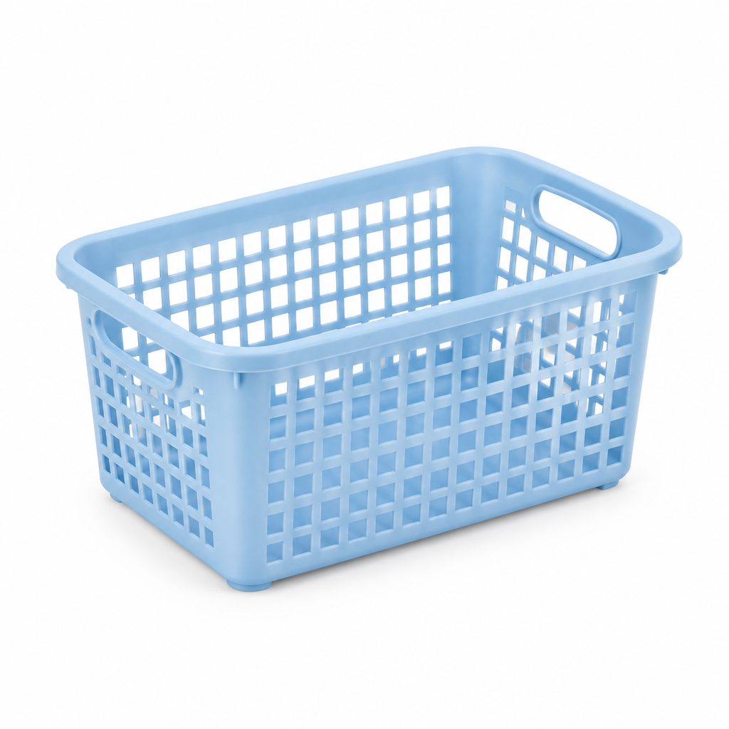 Rectangular plastic household storage basket in pastel blue on a pure white background with comfortable margins