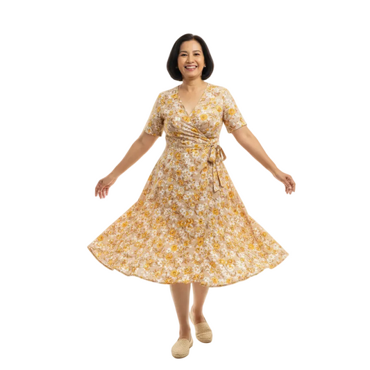 Front view of floral wrap-style midi dress on white background