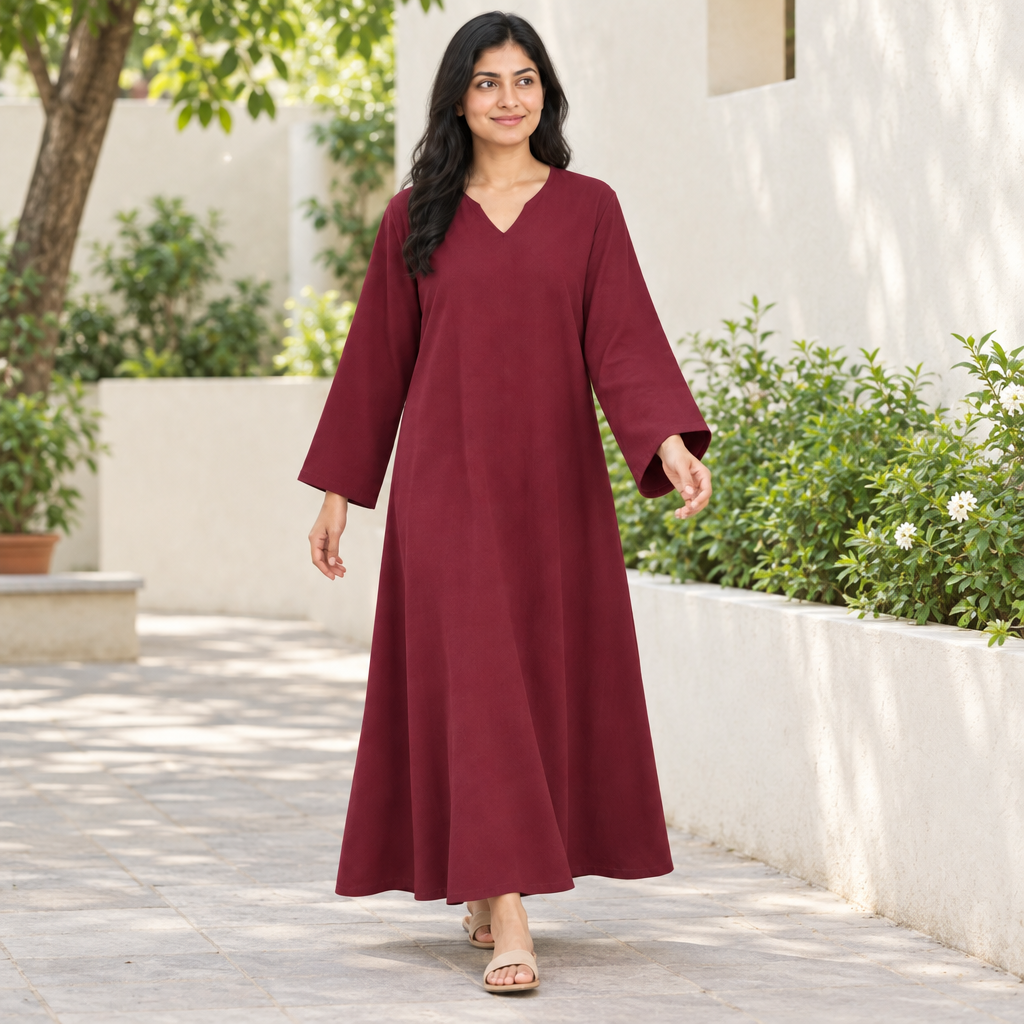 Model in a plain burgundy full-length V-neck kaftan dress walking in a sunny courtyard showing the loose sleeves and drape