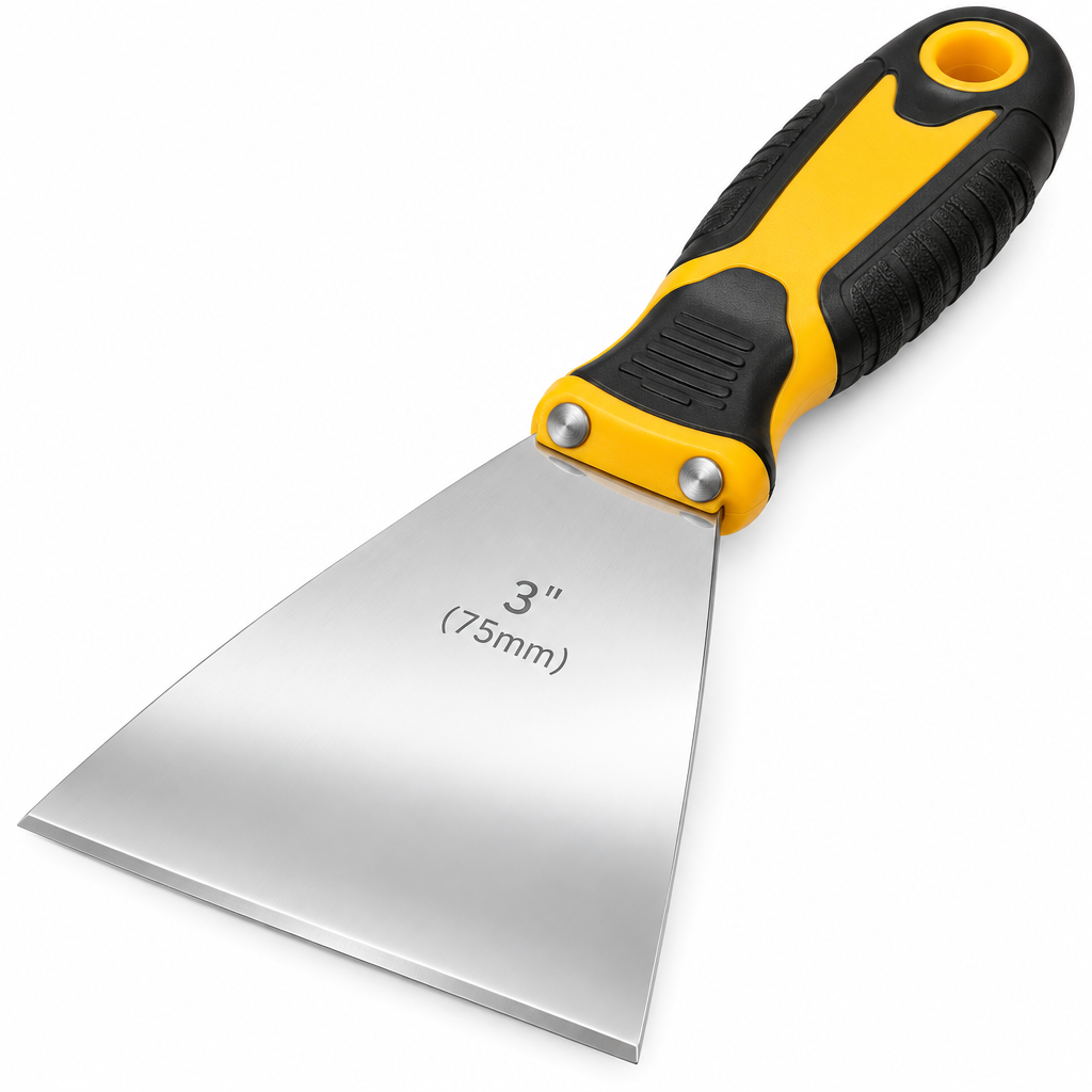 Macro close-up of flexible stainless steel putty knife blade, bolster connection, and rubberized handle